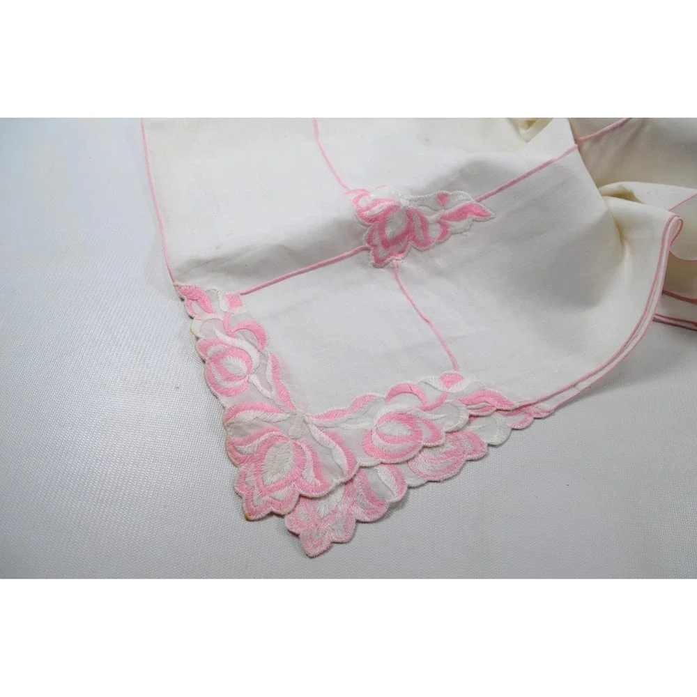 Vintage White Floral Tablecloth with Pink Roses and Line Accents 50x50